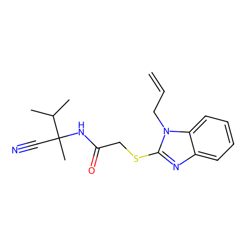 N-(2-cyano-3-methylbutan-2-yl)-2-(1-prop-2-enylbenzimidazol-2-yl)sulfanylacetamide structure