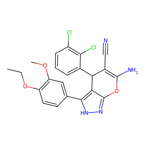 6-amino-4-(2,3-dichlorophenyl)-3-(4-ethoxy-3-methoxyphenyl)-2,4-dihydropyrano[2,3-c]pyrazole-5-carbonitrile structure