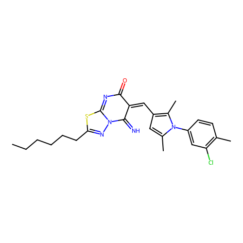 (6E)-6-[[1-(3-chloro-4-methylphenyl)-2,5-dimethylpyrrol-3-yl]methylidene]-2-hexyl-5-imino-[1,3,4]thiadiazolo[3,2-a]pyrimidin-7-one structure