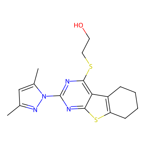 2-((2-(3,5-dimethyl-1H-pyrazol-1-yl)-5,6,7,8-tetrahydrobenzo[4,5]thieno[2,3-d]pyrimidin-4-yl)thio)ethanol structure