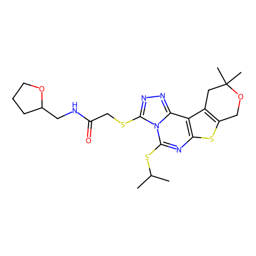 2-((5-(isopropylthio)-10,10-dimethyl-10,11-dihydro-8H-pyrano[4',3':4,5]thieno[3,2-e][1,2,4]triazolo[4,3-c]pyrimidin-3-yl)thio)-N-((tetrahydrofuran-2-yl)methyl)acetamide structure