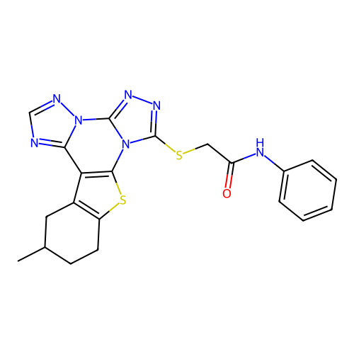 2-((12-methyl-10,11,12,13-tetrahydrobenzo[4,5]thieno[3,2-e]bis([1,2,4]triazolo)[4,3-a:1',5'-c]pyrimidin-7-yl)thio)-N-phenylacetamide structure