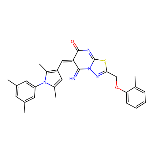 (6E)-6-[[1-(3,5-dimethylphenyl)-2,5-dimethylpyrrol-3-yl]methylidene]-5-imino-2-[(2-methylphenoxy)methyl]-[1,3,4]thiadiazolo[3,2-a]pyrimidin-7-one structure
