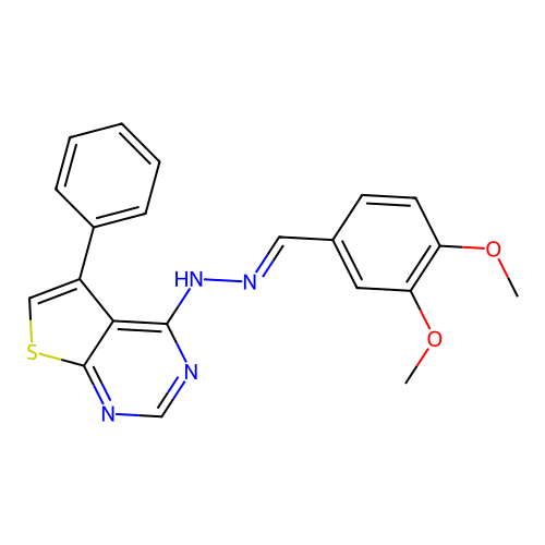 4-[(2E)-2-(3,4-dimethoxybenzylidene)hydrazinyl]-5-phenylthieno[2,3-d]pyrimidine structure