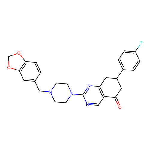 2-[4-(1,3-benzodioxol-5-ylmethyl)piperazin-1-yl]-7-(4-fluorophenyl)-7,8-dihydroquinazolin-5(6H)-one structure