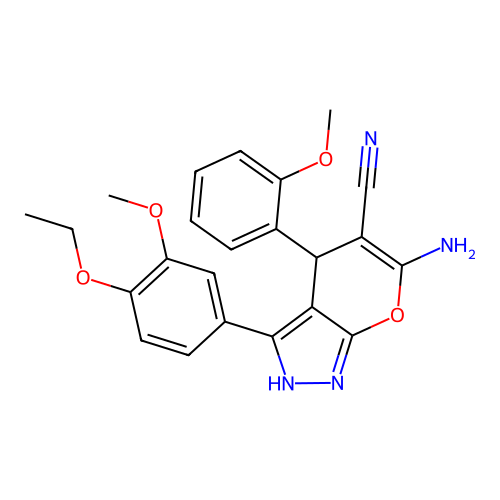 6-amino-3-(4-ethoxy-3-methoxyphenyl)-4-(2-methoxyphenyl)-2,4-dihydropyrano[2,3-c]pyrazole-5-carbonitrile structure