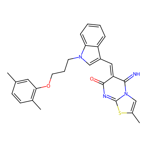 (6Z)-6-({1-[3-(2,5-dimethylphenoxy)propyl]-1H-indol-3-yl}methylidene)-5-imino-2-methyl-5,6-dihydro-7H-[1,3]thiazolo[3,2-a]pyrimidin-7-one structure