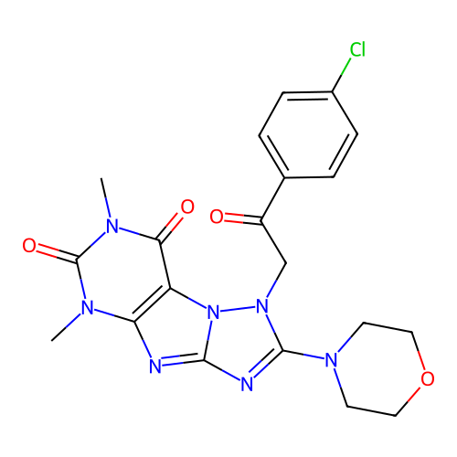 1-(2-(4-chlorophenyl)-2-oxoethyl)-5,7-dimethyl-2-morpholino-1H-[1,2,4]triazolo[5,1-f]purine-6,8(5H,7H)-dione structure