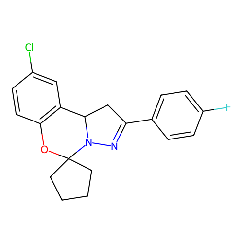 2-chloro-9-(4-fluorophenyl)spiro[10aH-benzo[e]2-pyrazolino[1,5-c]1,3-oxazine-6,1'-cyclopentane] structure