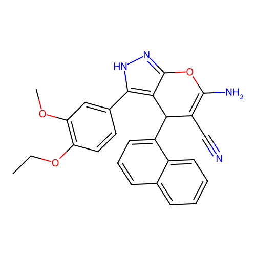 6-amino-3-(4-ethoxy-3-methoxyphenyl)-4-(naphthalen-1-yl)-1,4-dihydropyrano[2,3-c]pyrazole-5-carbonitrile structure