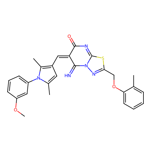 (E)-5-imino-6-((1-(3-methoxyphenyl)-2,5-dimethyl-1H-pyrrol-3-yl)methylene)-2-((o-tolyloxy)methyl)-5H-[1,3,4]thiadiazolo[3,2-a]pyrimidin-7(6H)-one structure