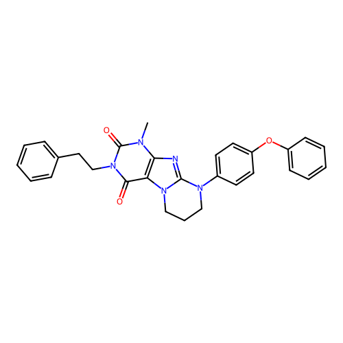1-methyl-9-(4-phenoxyphenyl)-3-(2-phenylethyl)-1H,2H,3H,4H,6H,7H,8H,9H-pyrimido[1,2-g]purine-2,4-dione structure
