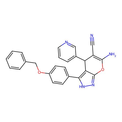 6-amino-3-(4-(benzyloxy)phenyl)-4-(pyridin-3-yl)-1,4-dihydropyrano[2,3-c]pyrazole-5-carbonitrile structure