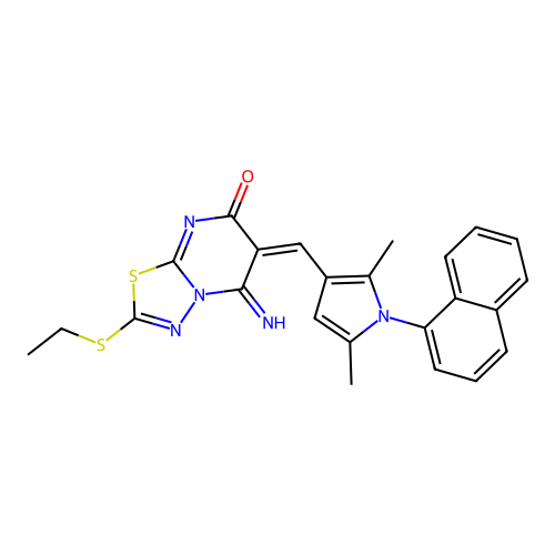 (6E)-6-[(2,5-dimethyl-1-naphthalen-1-ylpyrrol-3-yl)methylidene]-2-ethylsulfanyl-5-imino-[1,3,4]thiadiazolo[3,2-a]pyrimidin-7-one structure