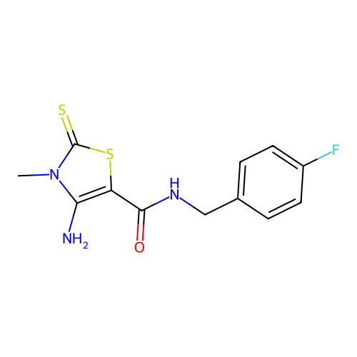 4-amino-N-(4-fluorobenzyl)-3-methyl-2-thioxo-2,3-dihydro-1,3-thiazole-5-carboxamide structure