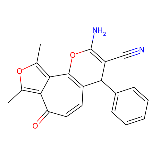 2-amino-8,10-dimethyl-7-oxo-4-phenyl-4,7-dihydrofuro[3',4':6,7]cyclohepta[1,2-b]pyran-3-carbonitrile structure