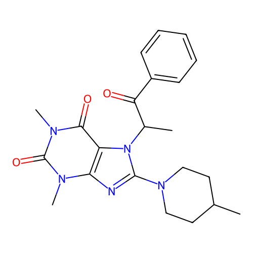 1,3-dimethyl-8-(4-methyl-1-piperidyl)-7-(1-oxo-1-phenyl-propan-2-yl)purine-2,6-dione structure