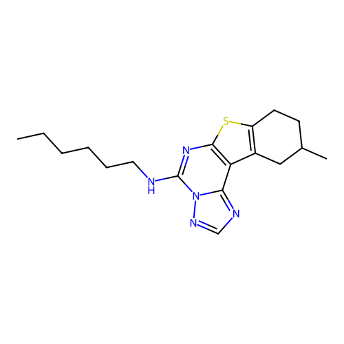 N-hexyl-10-methyl-8,9,10,11-tetrahydro[1]benzothieno[3,2-e][1,2,4]triazolo[1,5-c]pyrimidin-5-amine structure
