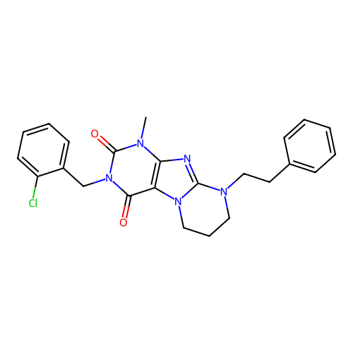 3-(2-chlorobenzyl)-1-methyl-9-phenethyl-6,7,8,9-tetrahydropyrimido[2,1-f]purine-2,4(1H,3H)-dione structure