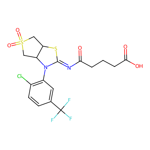 5-{[(2Z)-3-[2-chloro-5-(trifluoromethyl)phenyl]-5,5-dioxidotetrahydrothieno[3,4-d][1,3]thiazol-2(3H)-ylidene]amino}-5-oxopentanoic acid structure