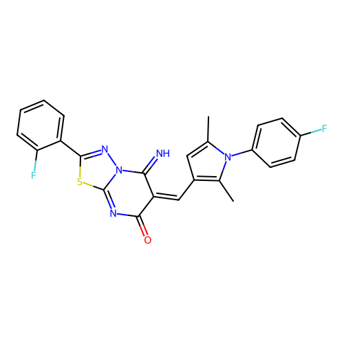 (E)-2-(2-fluorophenyl)-6-((1-(4-fluorophenyl)-2,5-dimethyl-1H-pyrrol-3-yl)methylene)-5-imino-5H-[1,3,4]thiadiazolo[3,2-a]pyrimidin-7(6H)-one structure