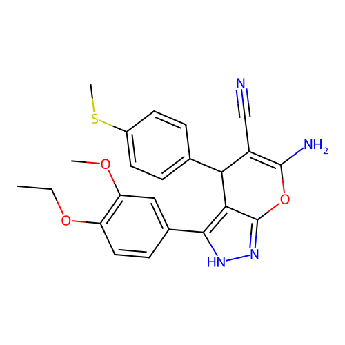 6-amino-3-(4-ethoxy-3-methoxyphenyl)-4-(4-(methylthio)phenyl)-1,4-dihydropyrano[2,3-c]pyrazole-5-carbonitrile structure