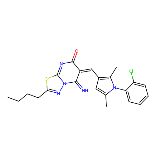 (6E)-2-butyl-6-[[1-(2-chlorophenyl)-2,5-dimethylpyrrol-3-yl]methylidene]-5-imino-[1,3,4]thiadiazolo[3,2-a]pyrimidin-7-one structure