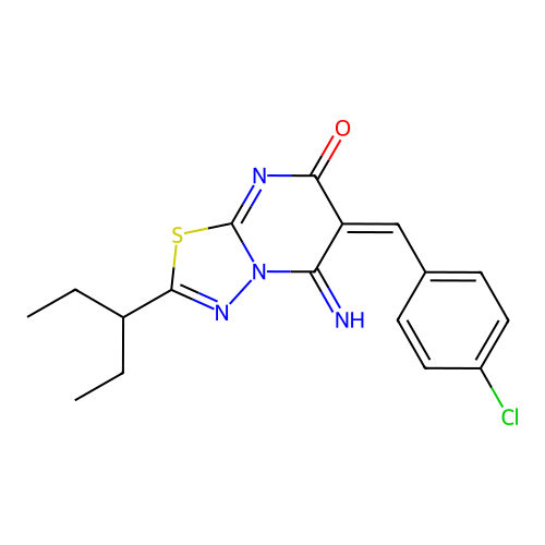 (6E)-6-(4-chlorobenzylidene)-5-imino-2-(pentan-3-yl)-5,6-dihydro-7H-[1,3,4]thiadiazolo[3,2-a]pyrimidin-7-one structure