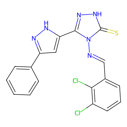 (E)-4-((2,3-dichlorobenzylidene)amino)-5-(3-phenyl-1H-pyrazol-5-yl)-4H-1,2,4-triazole-3-thiol structure
