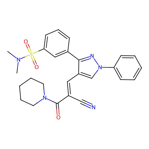 (E)-3-(4-(2-cyano-3-oxo-3-(piperidin-1-yl)prop-1-en-1-yl)-1-phenyl-1H-pyrazol-3-yl)-N,N-dimethylbenzenesulfonamide structure
