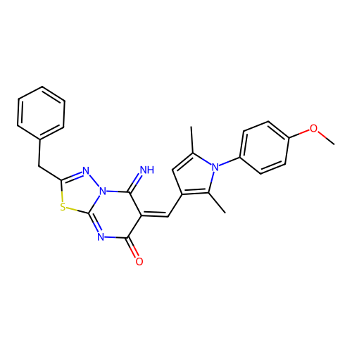 (E)-2-benzyl-5-imino-6-((1-(4-methoxyphenyl)-2,5-dimethyl-1H-pyrrol-3-yl)methylene)-5H-[1,3,4]thiadiazolo[3,2-a]pyrimidin-7(6H)-one structure