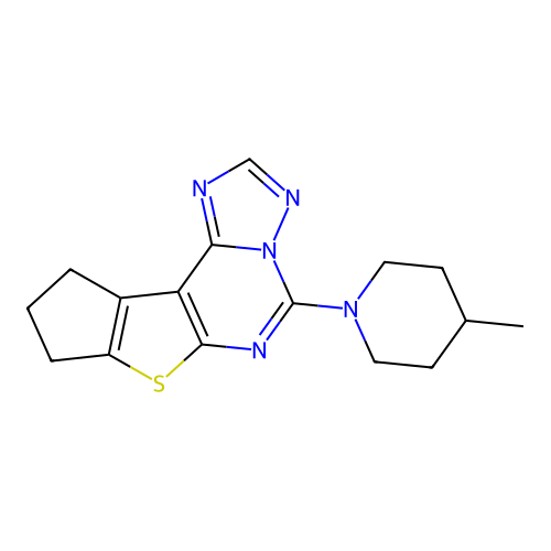 5-(4-methylpiperidin-1-yl)-9,10-dihydro-8H-cyclopenta[4,5]thieno[3,2-e][1,2,4]triazolo[1,5-c]pyrimidine structure