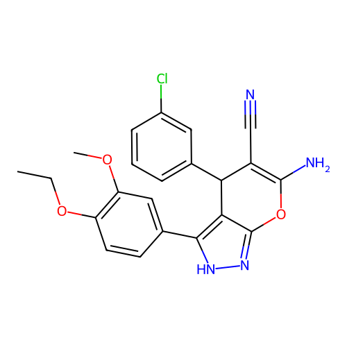 6-amino-4-(3-chlorophenyl)-3-(4-ethoxy-3-methoxyphenyl)-2,4-dihydropyrano[2,3-c]pyrazole-5-carbonitrile structure