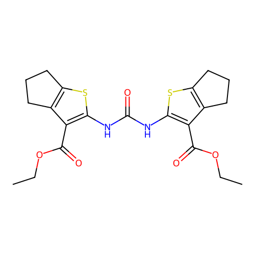 diethyl 2,2'-(carbonylbis(azanediyl))bis(5,6-dihydro-4H-cyclopenta[b]thiophene-3-carboxylate) structure