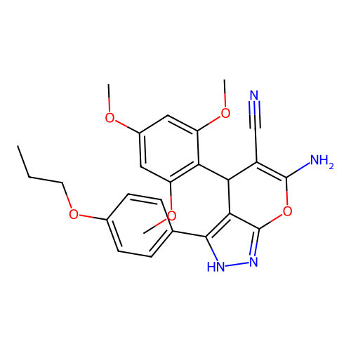 6-amino-3-(4-propoxyphenyl)-4-(2,4,6-trimethoxyphenyl)-2,4-dihydropyrano[2,3-c]pyrazole-5-carbonitrile structure