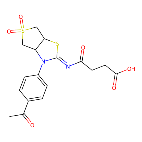 (Z)-4-((3-(4-acetylphenyl)-5,5-dioxidotetrahydrothieno[3,4-d]thiazol-2(3H)-ylidene)amino)-4-oxobutanoic acid structure