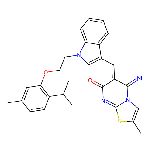 (6Z)-5-imino-2-methyl-6-[(1-{2-[5-methyl-2-(propan-2-yl)phenoxy]ethyl}-1H-indol-3-yl)methylidene]-5,6-dihydro-7H-[1,3]thiazolo[3,2-a]pyrimidin-7-one structure