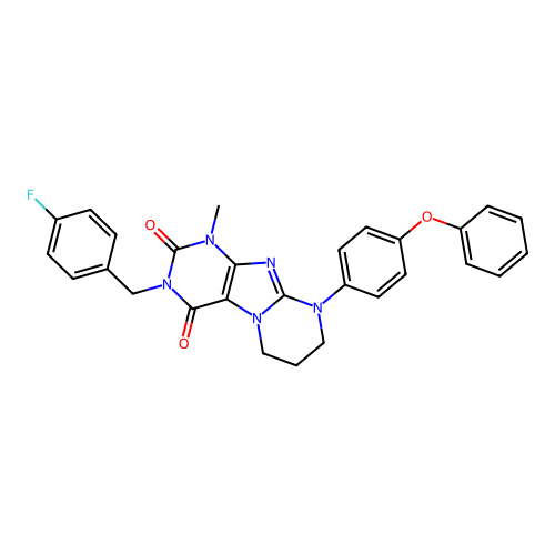 3-(4-fluorobenzyl)-1-methyl-9-(4-phenoxyphenyl)-6,7,8,9-tetrahydropyrimido[2,1-f]purine-2,4(1H,3H)-dione structure