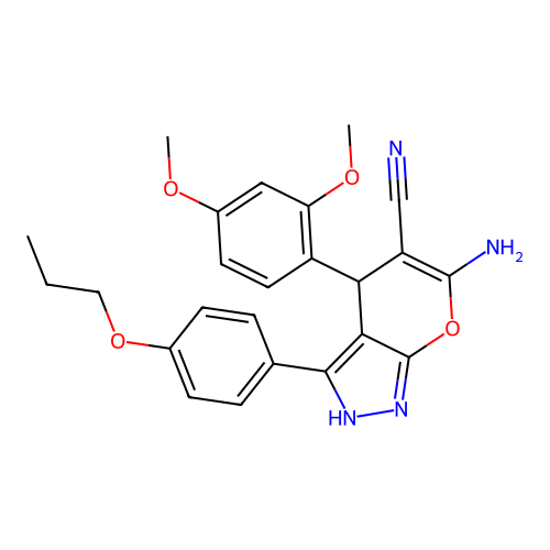 6-amino-4-(2,4-dimethoxyphenyl)-3-(4-propoxyphenyl)-2,4-dihydropyrano[2,3-c]pyrazole-5-carbonitrile structure