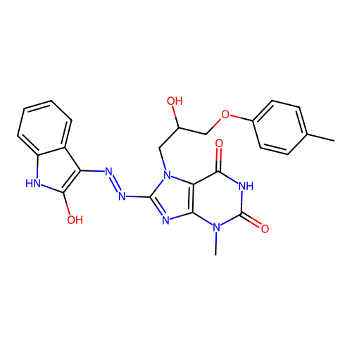 (Z)-7-(2-hydroxy-3-(p-tolyloxy)propyl)-3-methyl-8-(2-(2-oxoindolin-3-ylidene)hydrazinyl)-1H-purine-2,6(3H,7H)-dione structure