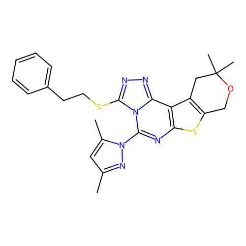 5-(3,5-dimethyl-1H-pyrazol-1-yl)-10,10-dimethyl-3-(phenethylthio)-10,11-dihydro-8H-pyrano[4',3':4,5]thieno[3,2-e][1,2,4]triazolo[4,3-c]pyrimidine structure