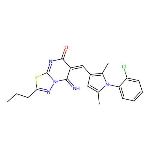 (6E)-6-[[1-(2-chlorophenyl)-2,5-dimethylpyrrol-3-yl]methylidene]-5-imino-2-propyl-[1,3,4]thiadiazolo[3,2-a]pyrimidin-7-one structure
