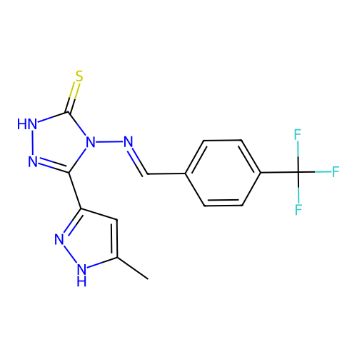 (E)-5-(3-methyl-1H-pyrazol-5-yl)-4-((4-(trifluoromethyl)benzylidene)amino)-4H-1,2,4-triazole-3-thiol structure