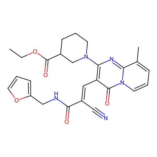 (E)-ethyl 1-(3-(2-cyano-3-((furan-2-ylmethyl)amino)-3-oxoprop-1-en-1-yl)-9-methyl-4-oxo-4H-pyrido[1,2-a]pyrimidin-2-yl)piperidine-3-carboxylate structure