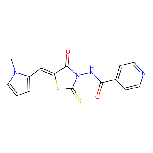 (Z)-N-(5-((1-methyl-1H-pyrrol-2-yl)methylene)-4-oxo-2-thioxothiazolidin-3-yl)isonicotinamide structure