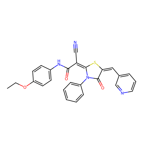 (2E)-2-cyano-N-(4-ethoxyphenyl)-2-[(5E)-4-oxo-3-phenyl-5-(pyridin-3-ylmethylidene)-1,3-thiazolidin-2-ylidene]acetamide structure