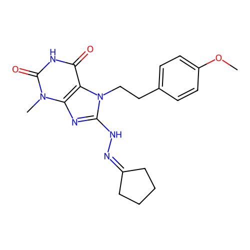 8-(2-cyclopentylidenehydrazinyl)-7-[2-(4-methoxyphenyl)ethyl]-3-methyl-purine-2,6-dione structure