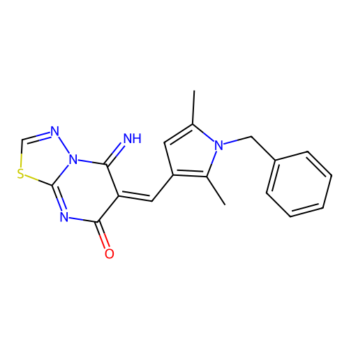 (6E)-6-[(1-benzyl-2,5-dimethylpyrrol-3-yl)methylidene]-5-imino-[1,3,4]thiadiazolo[3,2-a]pyrimidin-7-one structure