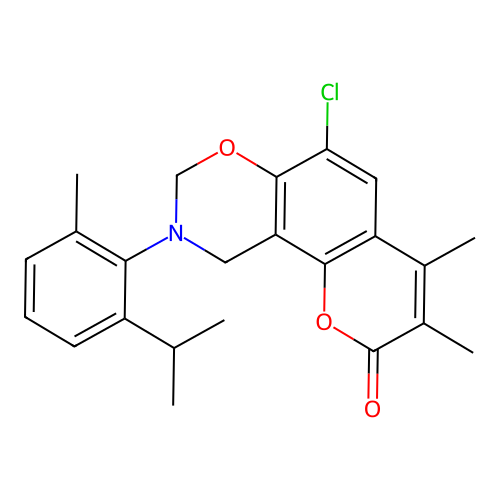 6-chloro-9-(2-isopropyl-6-methylphenyl)-3,4-dimethyl-9,10-dihydrochromeno[8,7-e][1,3]oxazin-2(8H)-one structure