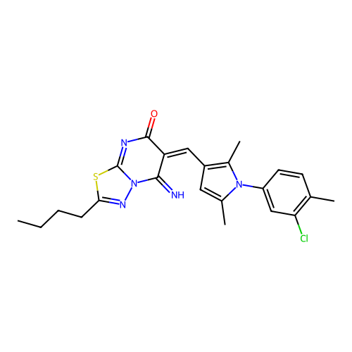 (6E)-2-butyl-6-[[1-(3-chloro-4-methylphenyl)-2,5-dimethylpyrrol-3-yl]methylidene]-5-imino-[1,3,4]thiadiazolo[3,2-a]pyrimidin-7-one structure